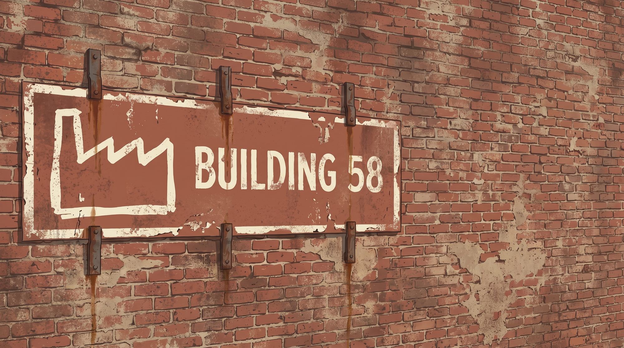 A faded painted sign on an old brick wall: a hand-drawn factory and the words Building 58.